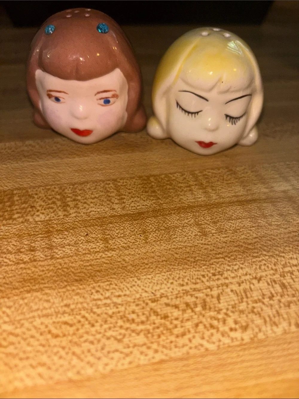 Vintage Ceramic Girl Head Salt & Pepper Shakers - Brown and Blonde